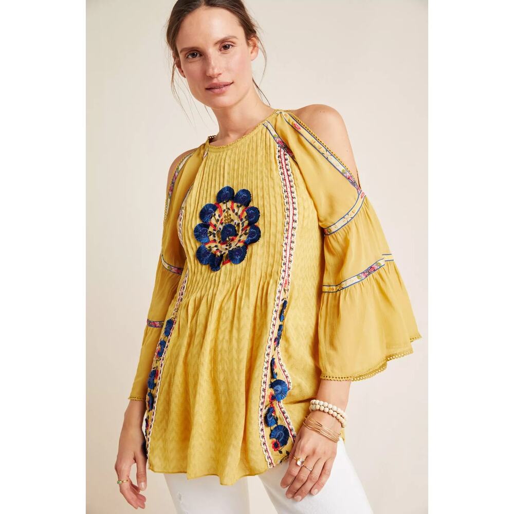 Boho Cold-Shoulder Embroidered Yellow Blouse from Anthropologie | Size Small